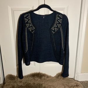 Navy blue/black AEO cardigan with gold & silver geometric print.